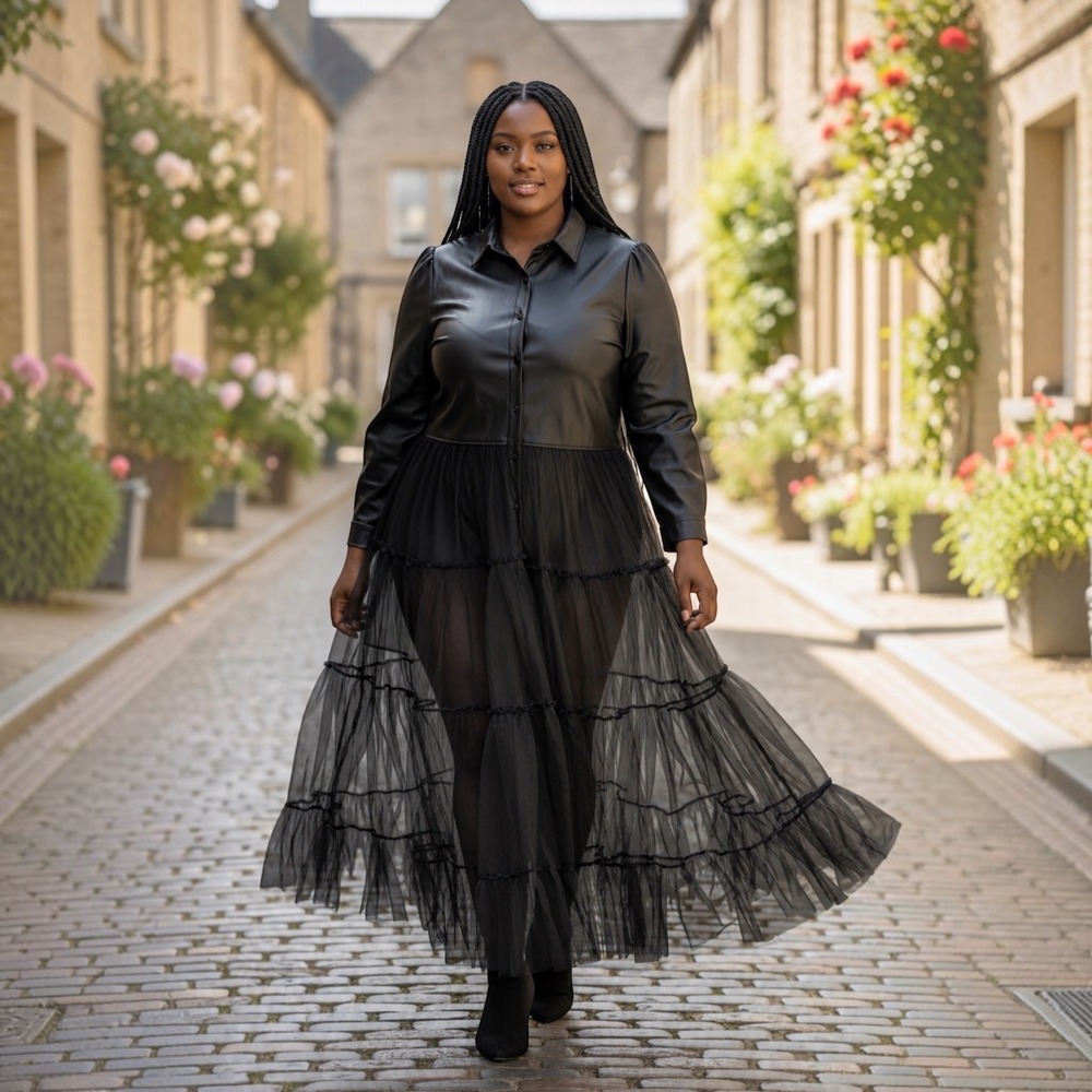 ILLord Black Faux Leather Tulle Maxi Dress Gothic Witchy Halloween 1X Plus Size